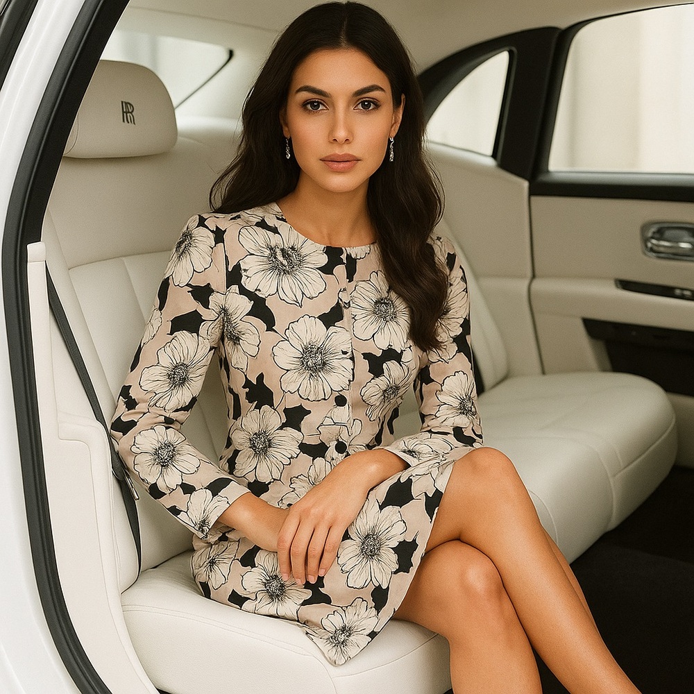 C&E Pink, White, & Black Floral Print Long Sleeve Dress - Size M